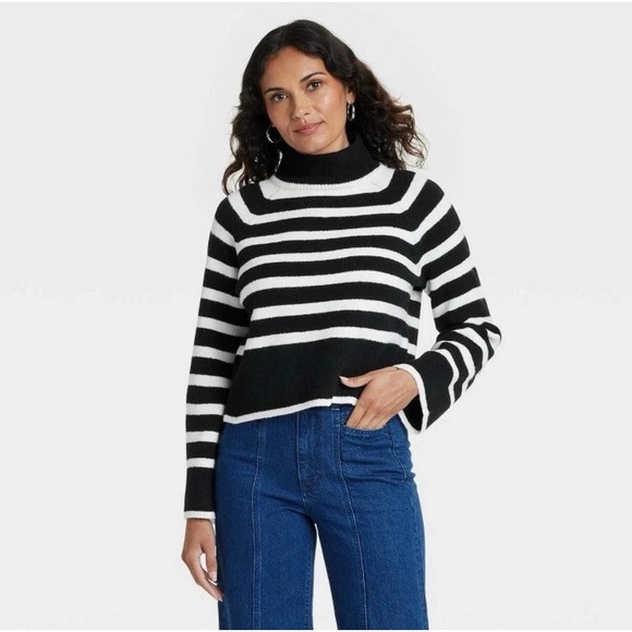 Women's Cozy Knit Mock Turtleneck Sweater - Universal Thread Black Stripe S - Picture 1 of 6